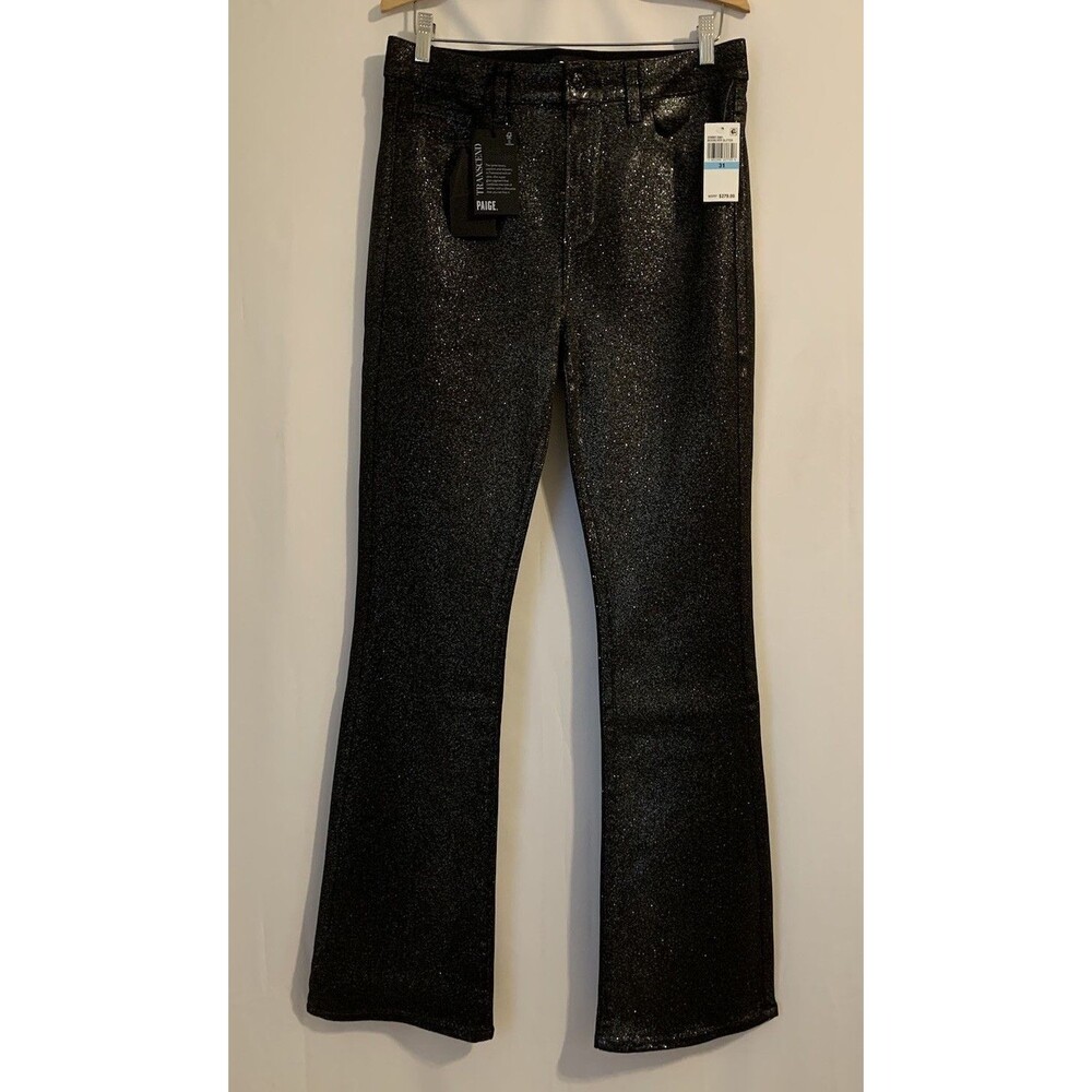 PAIGE Size 31 Jeans Manhattan High Rise Bootcut Black Silver Glitter Coated New